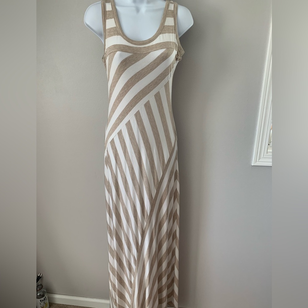 Calvin Klein Asymmetrical Striped Tiered Tan and White Maxi Dress